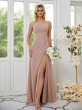 Sheath/Column Chiffon Ruched One-Shoulder Sleeveless Floor-Length Bridesmaid Dresses Formal Evening Dress
