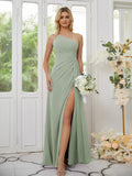 Sheath/Column Chiffon Ruched One-Shoulder Sleeveless Floor-Length Bridesmaid Dresses Formal Evening Dress