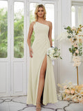 Sheath/Column Chiffon Ruched One-Shoulder Sleeveless Floor-Length Bridesmaid Dresses Formal Evening Dress