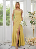 Sheath/Column Chiffon Ruched One-Shoulder Sleeveless Floor-Length Bridesmaid Dresses Formal Evening Dress
