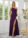 Sheath/Column Chiffon Ruched One-Shoulder Sleeveless Floor-Length Bridesmaid Dresses Formal Evening Dress