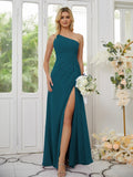 Sheath/Column Chiffon Ruched One-Shoulder Sleeveless Floor-Length Bridesmaid Dresses Formal Evening Dress