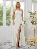 Sheath/Column Chiffon Ruched One-Shoulder Sleeveless Floor-Length Bridesmaid Dresses Formal Evening Dress