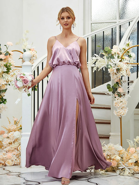 A-Line/Princess Silk like Satin Ruched V-neck Sleeveless Floor-Length Bridesmaid Dresses Formal Evening Dress