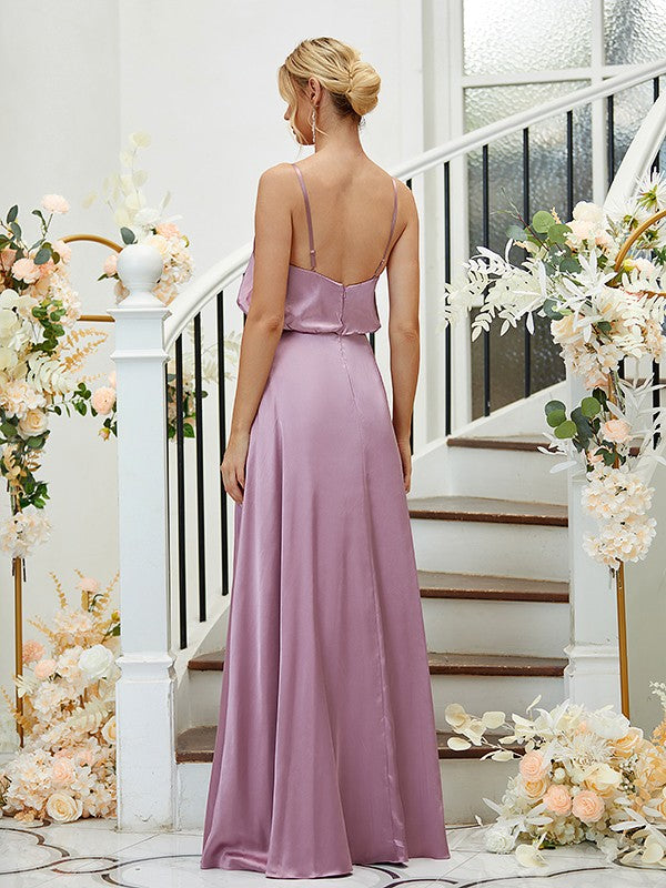 A-Line/Princess Silk like Satin Ruched V-neck Sleeveless Floor-Length Bridesmaid Dresses Formal Evening Dress