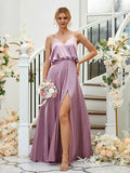 A-Line/Princess Silk like Satin Ruched V-neck Sleeveless Floor-Length Bridesmaid Dresses Formal Evening Dress