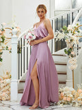A-Line/Princess Silk like Satin Ruched V-neck Sleeveless Floor-Length Bridesmaid Dresses Formal Evening Dress