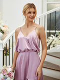 A-Line/Princess Silk like Satin Ruched V-neck Sleeveless Floor-Length Bridesmaid Dresses Formal Evening Dress