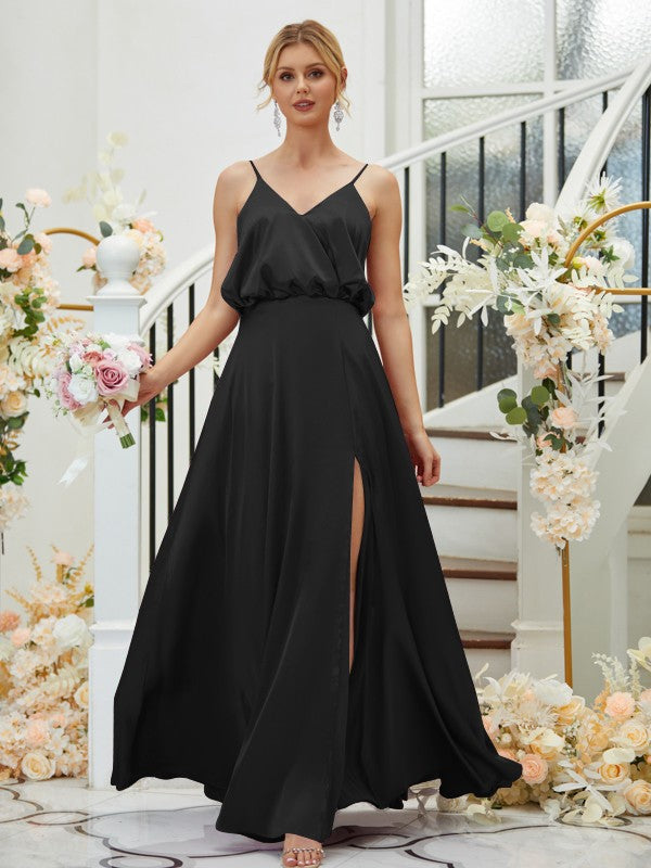 A-Line/Princess Silk like Satin Ruched V-neck Sleeveless Floor-Length Bridesmaid Dresses Formal Evening Dress