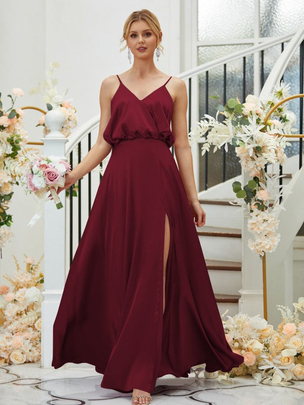 A-Line/Princess Silk like Satin Ruched V-neck Sleeveless Floor-Length Bridesmaid Dresses Formal Evening Dress