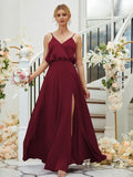 A-Line/Princess Silk like Satin Ruched V-neck Sleeveless Floor-Length Bridesmaid Dresses Formal Evening Dress