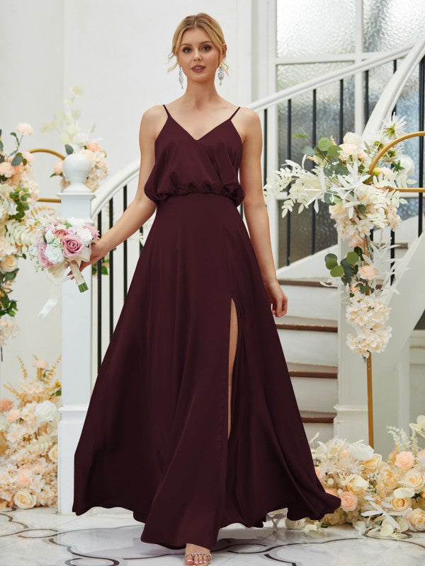 A-Line/Princess Silk like Satin Ruched V-neck Sleeveless Floor-Length Bridesmaid Dresses Formal Evening Dress