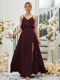 A-Line/Princess Silk like Satin Ruched V-neck Sleeveless Floor-Length Bridesmaid Dresses Formal Evening Dress