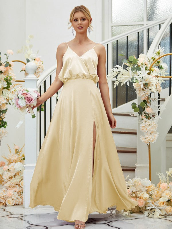 A-Line/Princess Silk like Satin Ruched V-neck Sleeveless Floor-Length Bridesmaid Dresses Formal Evening Dress