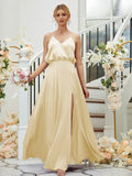 A-Line/Princess Silk like Satin Ruched V-neck Sleeveless Floor-Length Bridesmaid Dresses Formal Evening Dress
