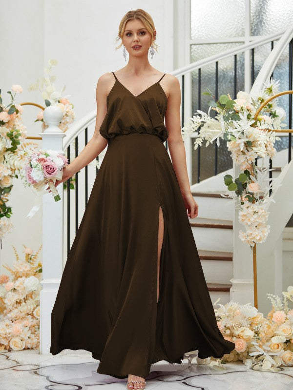 A-Line/Princess Silk like Satin Ruched V-neck Sleeveless Floor-Length Bridesmaid Dresses Formal Evening Dress