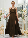 A-Line/Princess Silk like Satin Ruched V-neck Sleeveless Floor-Length Bridesmaid Dresses Formal Evening Dress