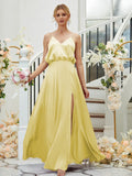 A-Line/Princess Silk like Satin Ruched V-neck Sleeveless Floor-Length Bridesmaid Dresses Formal Evening Dress
