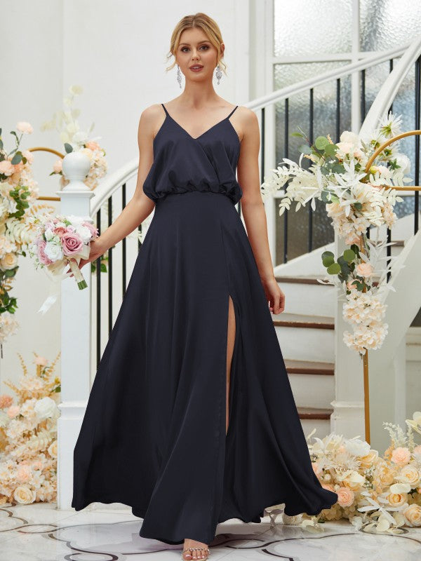 A-Line/Princess Silk like Satin Ruched V-neck Sleeveless Floor-Length Bridesmaid Dresses Formal Evening Dress