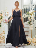 A-Line/Princess Silk like Satin Ruched V-neck Sleeveless Floor-Length Bridesmaid Dresses Formal Evening Dress