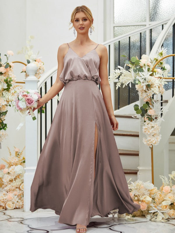 A-Line/Princess Silk like Satin Ruched V-neck Sleeveless Floor-Length Bridesmaid Dresses Formal Evening Dress