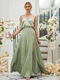 A-Line/Princess Silk like Satin Ruched V-neck Sleeveless Floor-Length Bridesmaid Dresses Formal Evening Dress