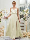 A-Line/Princess Silk like Satin Ruched V-neck Sleeveless Floor-Length Bridesmaid Dresses Formal Evening Dress