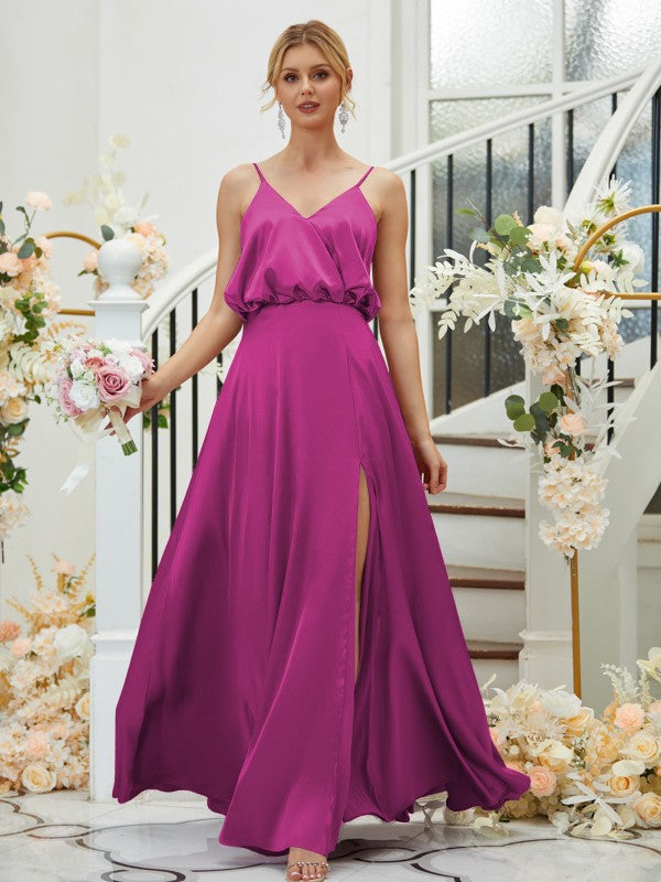A-Line/Princess Silk like Satin Ruched V-neck Sleeveless Floor-Length Bridesmaid Dresses Formal Evening Dress