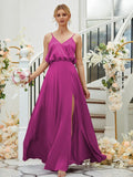 A-Line/Princess Silk like Satin Ruched V-neck Sleeveless Floor-Length Bridesmaid Dresses Formal Evening Dress