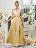 A-Line/Princess Silk like Satin Ruched V-neck Sleeveless Floor-Length Bridesmaid Dresses Formal Evening Dress