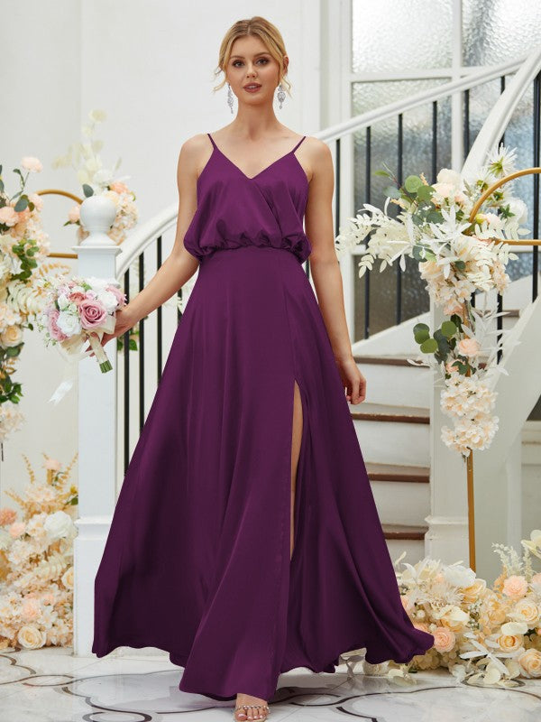 A-Line/Princess Silk like Satin Ruched V-neck Sleeveless Floor-Length Bridesmaid Dresses Formal Evening Dress