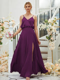 A-Line/Princess Silk like Satin Ruched V-neck Sleeveless Floor-Length Bridesmaid Dresses Formal Evening Dress