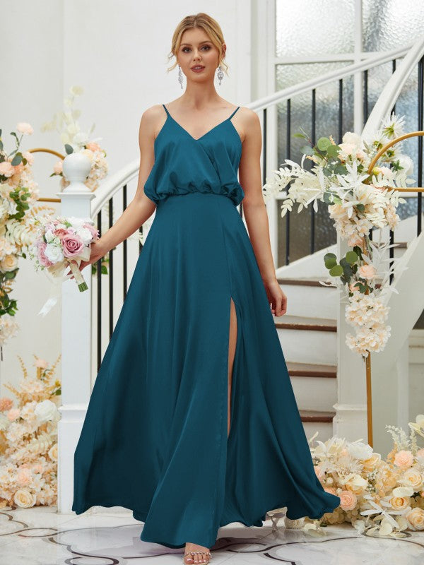A-Line/Princess Silk like Satin Ruched V-neck Sleeveless Floor-Length Bridesmaid Dresses Formal Evening Dress