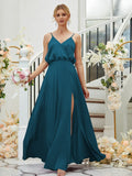A-Line/Princess Silk like Satin Ruched V-neck Sleeveless Floor-Length Bridesmaid Dresses Formal Evening Dress