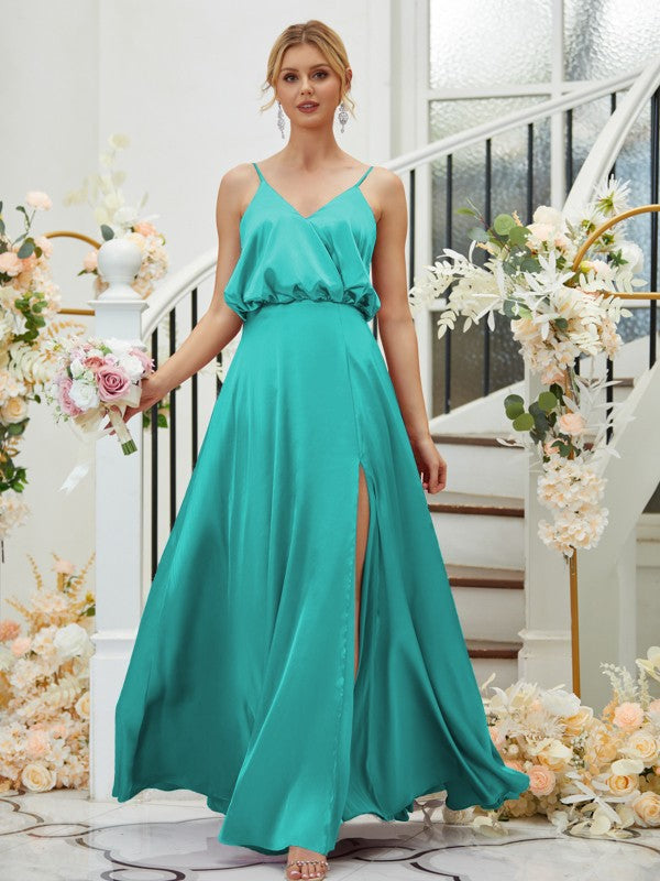 A-Line/Princess Silk like Satin Ruched V-neck Sleeveless Floor-Length Bridesmaid Dresses Formal Evening Dress