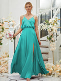 A-Line/Princess Silk like Satin Ruched V-neck Sleeveless Floor-Length Bridesmaid Dresses Formal Evening Dress