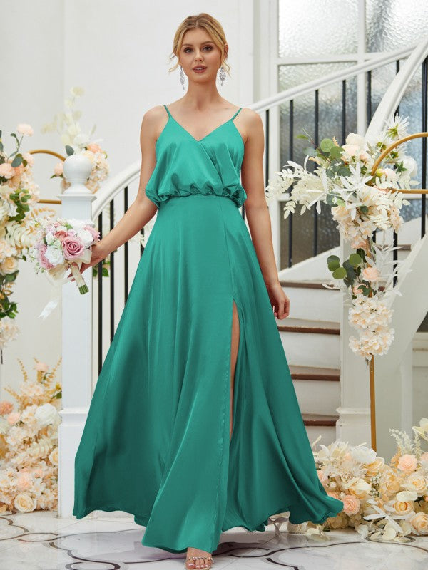 A-Line/Princess Silk like Satin Ruched V-neck Sleeveless Floor-Length Bridesmaid Dresses Formal Evening Dress