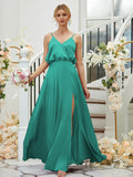 A-Line/Princess Silk like Satin Ruched V-neck Sleeveless Floor-Length Bridesmaid Dresses Formal Evening Dress
