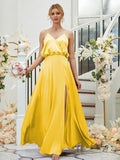A-Line/Princess Silk like Satin Ruched V-neck Sleeveless Floor-Length Bridesmaid Dresses Formal Evening Dress
