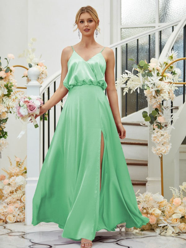 A-Line/Princess Silk like Satin Ruched V-neck Sleeveless Floor-Length Bridesmaid Dresses Formal Evening Dress