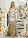 Sheath/Column Silk like Satin Ruched Sweetheart Sleeveless Floor-Length Bridesmaid Dresses Formal Evening Dress