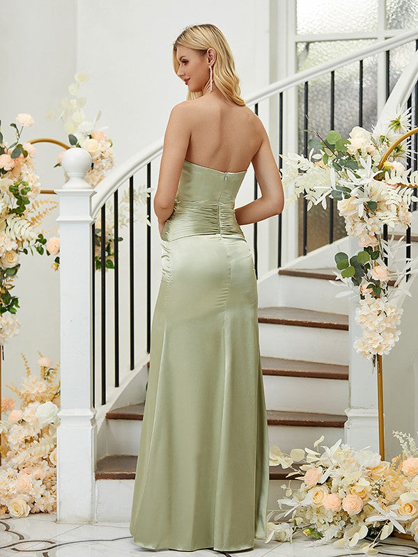 Sheath/Column Silk like Satin Ruched Sweetheart Sleeveless Floor-Length Bridesmaid Dresses Formal Evening Dress