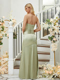 Sheath/Column Silk like Satin Ruched Sweetheart Sleeveless Floor-Length Bridesmaid Dresses Formal Evening Dress