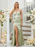 Sheath/Column Silk like Satin Ruched Sweetheart Sleeveless Floor-Length Bridesmaid Dresses Formal Evening Dress