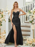 Sheath/Column Silk like Satin Ruched Sweetheart Sleeveless Floor-Length Bridesmaid Dresses Formal Evening Dress