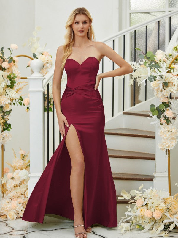 Sheath/Column Silk like Satin Ruched Sweetheart Sleeveless Floor-Length Bridesmaid Dresses Formal Evening Dress