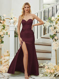 Sheath/Column Silk like Satin Ruched Sweetheart Sleeveless Floor-Length Bridesmaid Dresses Formal Evening Dress