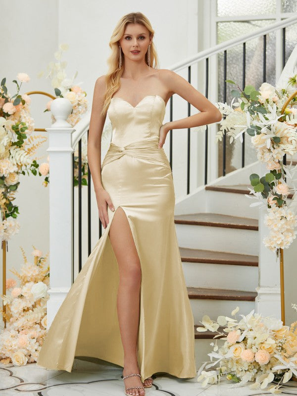 Sheath/Column Silk like Satin Ruched Sweetheart Sleeveless Floor-Length Bridesmaid Dresses Formal Evening Dress