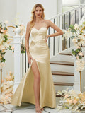 Sheath/Column Silk like Satin Ruched Sweetheart Sleeveless Floor-Length Bridesmaid Dresses Formal Evening Dress