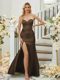Sheath/Column Silk like Satin Ruched Sweetheart Sleeveless Floor-Length Bridesmaid Dresses Formal Evening Dress